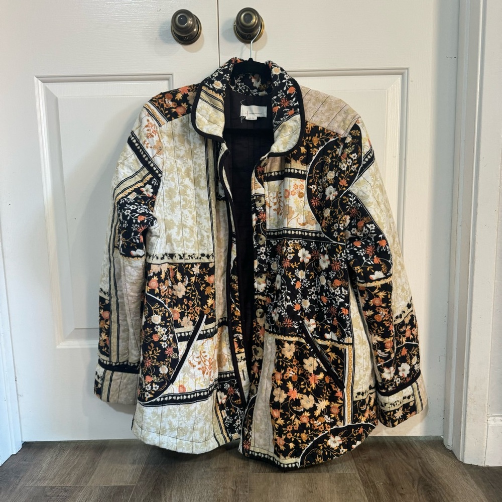 Anthropologie Quilted Floral Patchwork Jacket in Black, Cream, Tan